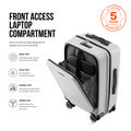 Light gray polycarbonate cabin trolley with front-access laptop compartment and locking panel.