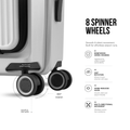 Polycarbonate cabin trolley close-up with 8 spinner wheels and reinforced wheel housing.