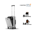 Light gray polycarbonate cabin trolley with front opening and 8 spinner wheels, angled view.