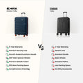 Comparison of two rolling suitcases: blue and black shells with wheels
