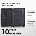Hard-shell trolley suitcase open, showing easy-access compartment and dual interior storage