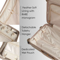 Beige hard-shell trolley suitcase interior with removable toiletry hanger and wet pouch