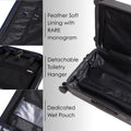 Luggage interior: wet pouch, detachable toiletry hanger, monogram-lined compartments