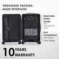 Hard-shell trolley suitcase open, showing dual interior compartments and detachable toiletry hanger