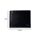 Black leather bi-fold wallet with stitched edges and Rare logo on the front