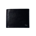 Black leather bi-fold wallet with stitched edges and centered front view