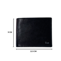 Black leather bi-fold wallet shown with dimensions 11.5 x 9 cm