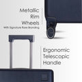 Dark blue trolley telescopic handle and spinner wheel detail on hard-shell body