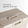 Beige hard-shell luggage with two-tone top handle and side lugs
