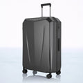 Hard-shell trolley luggage with dark finish, upright telescopic handle, and four side-mounted wheels