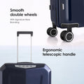 Dark blue hard-shell trolley suitcase showing smooth double wheels and telescopic handle