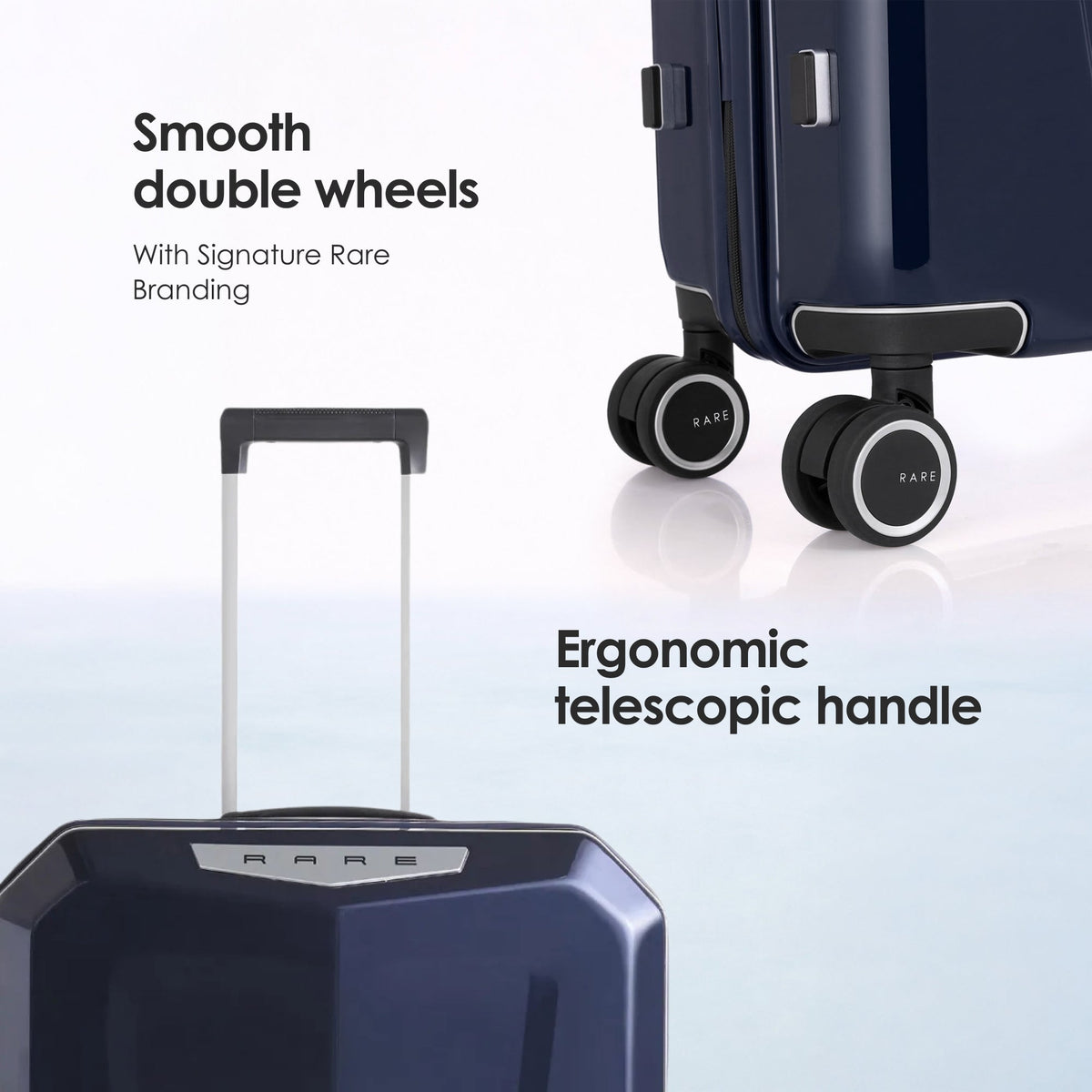 Navy suitcase with 8 double spinner wheels and ergonomic telescopic handle.