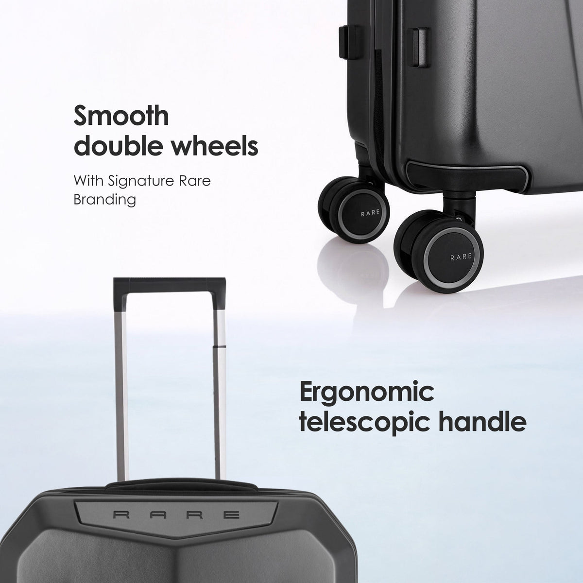 Dark suitcase with smooth double wheels and ergonomic telescopic handle