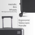 Hard-shell polycarbonate trolley with metallic-rim wheels and ergonomic telescopic handle