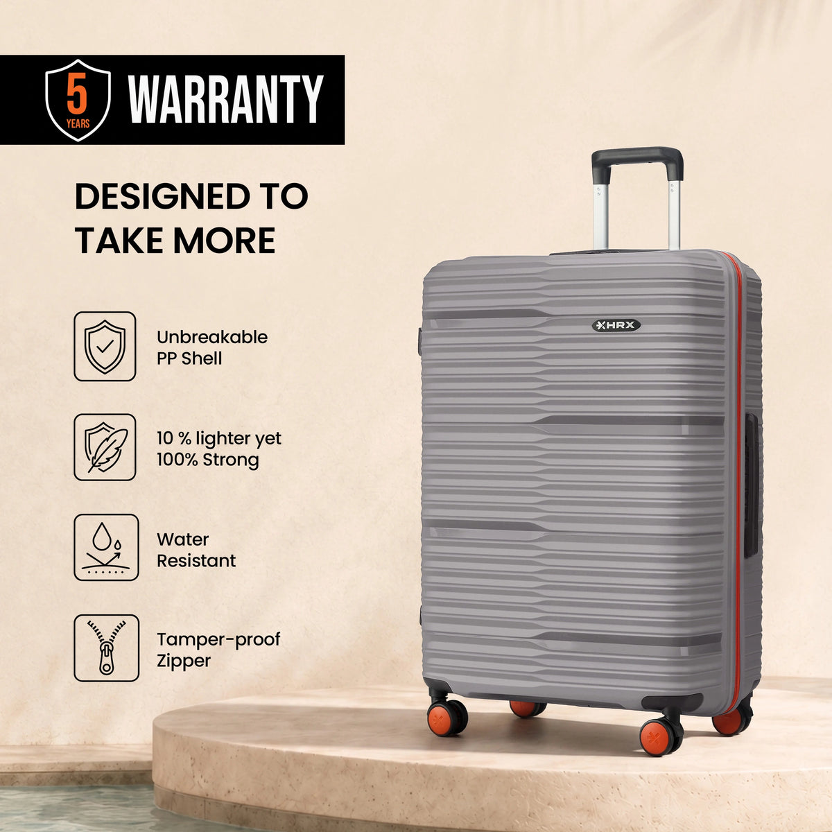 Large check-in suitcase, grey hard-shell with telescopic handle and 8 spinner wheels
