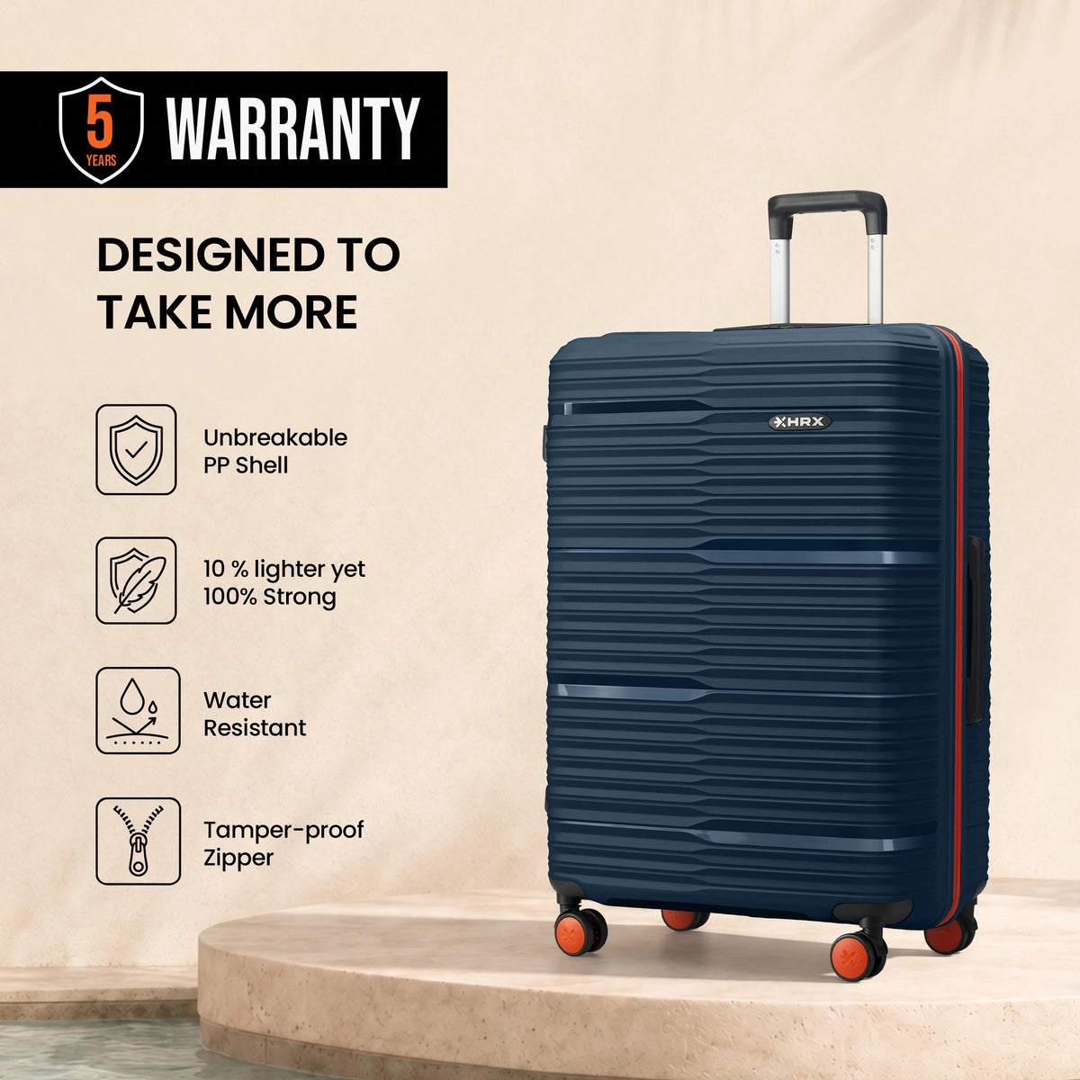 Large check-in suitcase, navy hard-shell with side handle and 8 spinner wheels