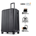 Large check-in suitcase, dark charcoal ribbed shell, front view with 8 spinner wheels