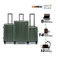 Three-piece hard-shell luggage set, dark green, upright with telescopic handles.