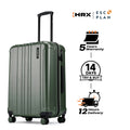 Medium check-in suitcase, dark green shell, 8 wheels, telescopic handle close-up