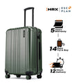 Hard-shell check-in suitcase, dark green with vertical ribbed sides and top carry handle