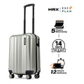 Cabin suitcase with extended handle, silver hard-shell and four spinner wheels