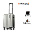 Small cabin suitcase with telescopic handle, silver shell, corner wheels and side latch, 8-wheel design