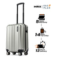 Cabin suitcase with extended handle, silver hard-shell and four spinner wheels