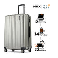 Large check-in suitcase, silver-gray ribbed shell, with side handle and 8 spinner wheels