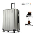 Large check-in suitcase, silver hard shell with telescopic handle and four spinner wheels