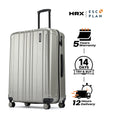 Large check-in suitcase, silver-gray ribbed shell, front view with 8 spinner wheels
