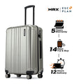 Hard-shell check-in suitcase, silver with side latch detail and top carry handle