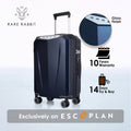 Dark blue glossy hard-shell polycarbonate trolley suitcase, front view with telescopic handle