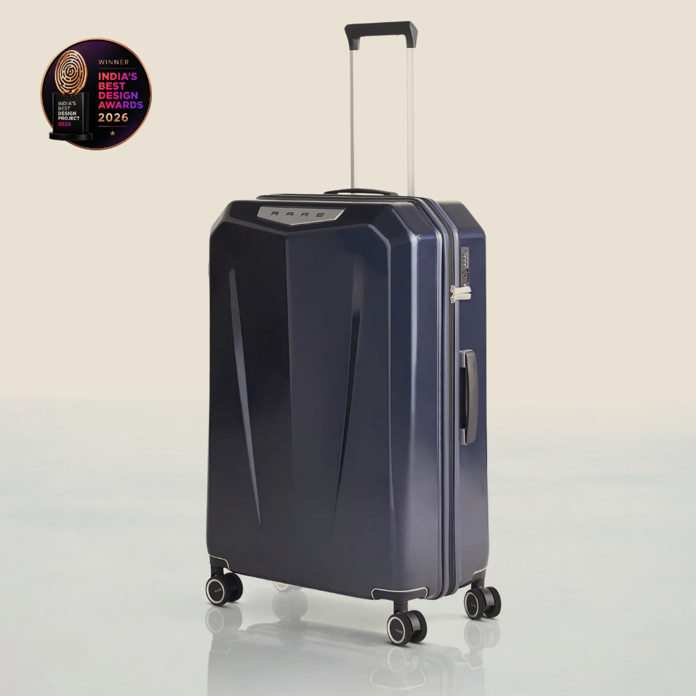 Hard-shell polycarbonate trolley suitcase, dark blue, with side handle and wheels