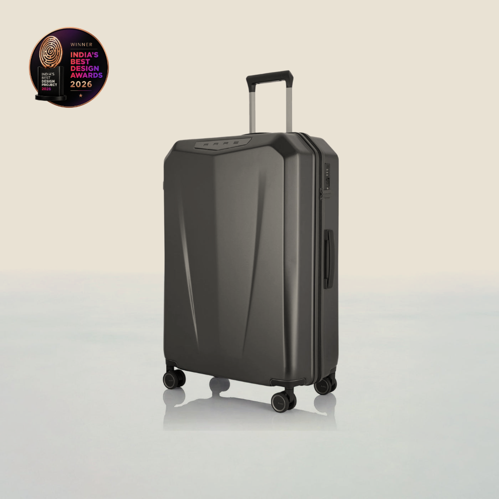Hard-shell polycarbonate trolley suitcase, dark grey, with side handle and 4 wheels