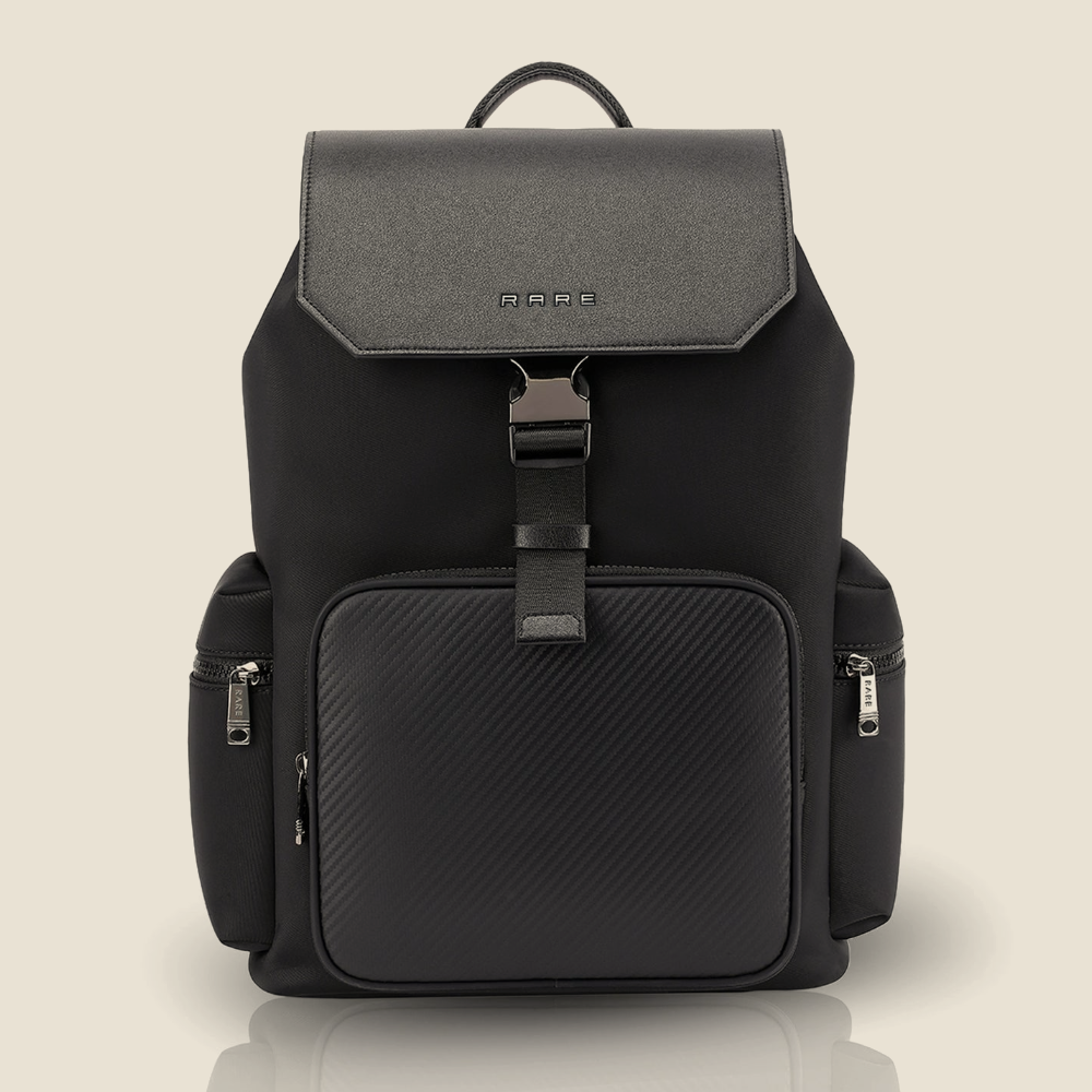 Rare Rabbit black backpack with top flap and front zip pocket