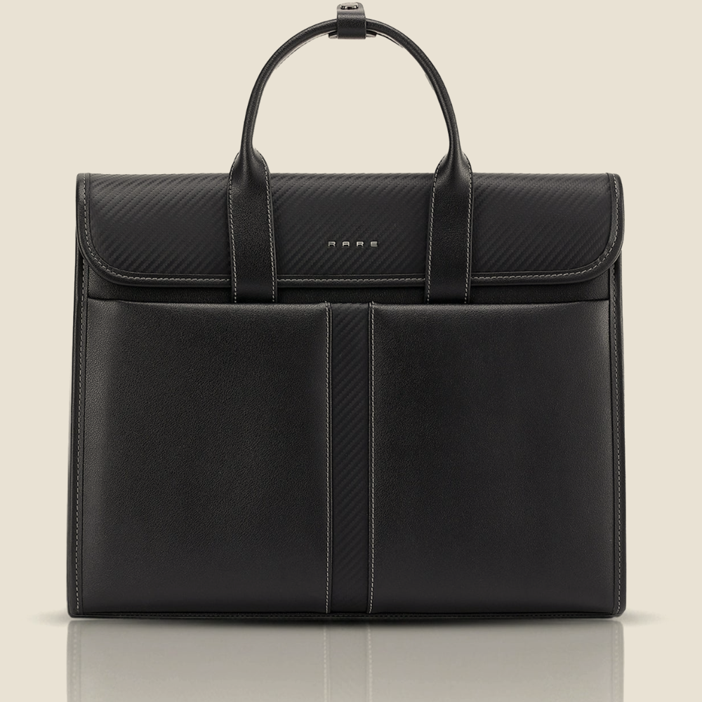 Black messenger bag with top flap and double front panels, two-tone textured surface