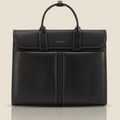 Black messenger bag with top flap and double front panels, two-tone textured surface