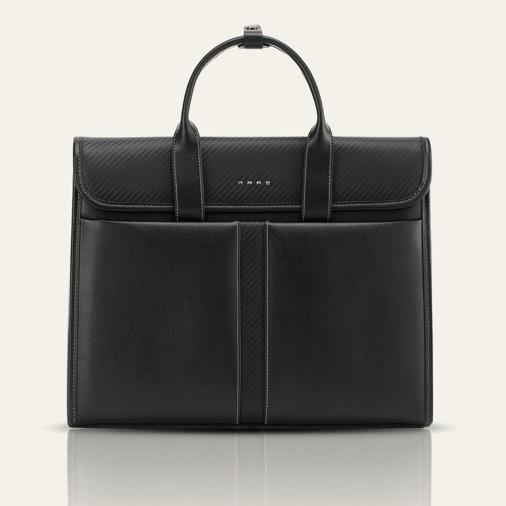 Black messenger bag with curved top flap, central vertical trim, textured front panel