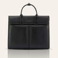 Black messenger bag with curved top flap, central vertical trim, textured front panel