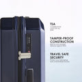 Dark blue hard-shell trolley suitcase with TSA combination lock and dial