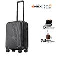Black small cabin suitcase with ribbed texture, upright handle, and corner wheels