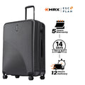 Large check-in suitcase, charcoal gray ribbed shell with side zipper and 8 wheels