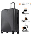 Large check-in suitcase, charcoal gray ribbed shell with upright handle and 8 wheels