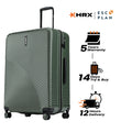 Large check-in suitcase, dark green ribbed shell with upright handle and 8 wheels