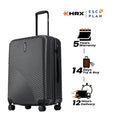 Charcoal grey hard-shell check-in suitcase with ribbed texture, top handle, and 8 wheels