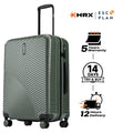 Dark green hard-shell check-in suitcase with ribbed texture, side handle, and 8 wheels
