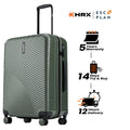 Dark green hard-shell check-in suitcase with ribbed texture, front handle, and 8 wheels