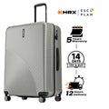 Large check-in suitcase, silver ribbed shell with black handle and 8 wheels