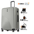 Large check-in suitcase, silver ribbed shell with side zipper and 8 wheels