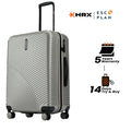 Silver hard-shell suitcase with ridged pattern, telescopic handle, and 8 wheels